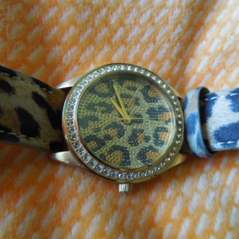 Guess Goldtone and Swarovsky Leopard Print Watch